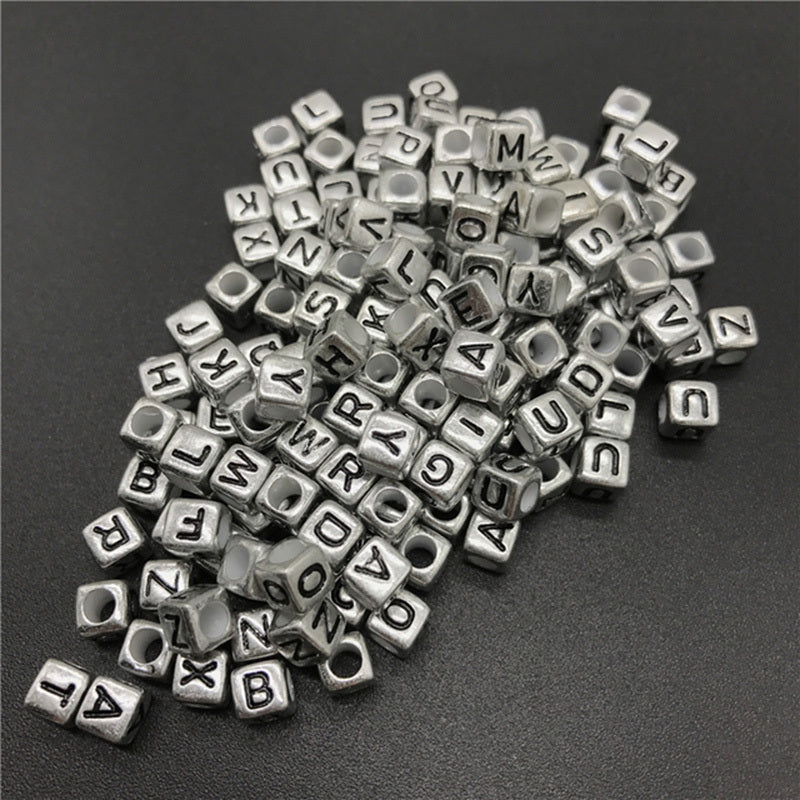 100pcs Antique Silvery Letter Acrylic Beads Cube Spacer DIY Jewelry Making