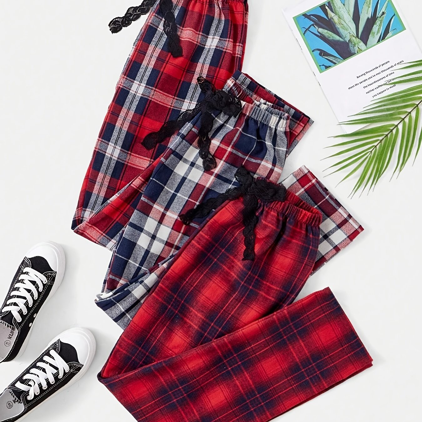 Colorblock Plaid Lounge Pants Casual & Comfy Bow Elastic Waistband