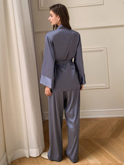 Women's Solid Satin Pajama Set with Shawl Collar