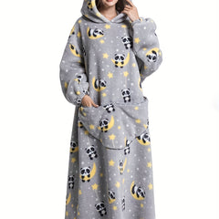 Cartoon Panda Print Hooded Robe with Pockets
