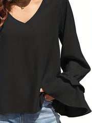 Plus Solid Lantern Sleeve Ruffle Trim V Neck Top