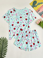 Strawberry Print Pajama Set Short Sleeve Top & Shorts Two Piece Set