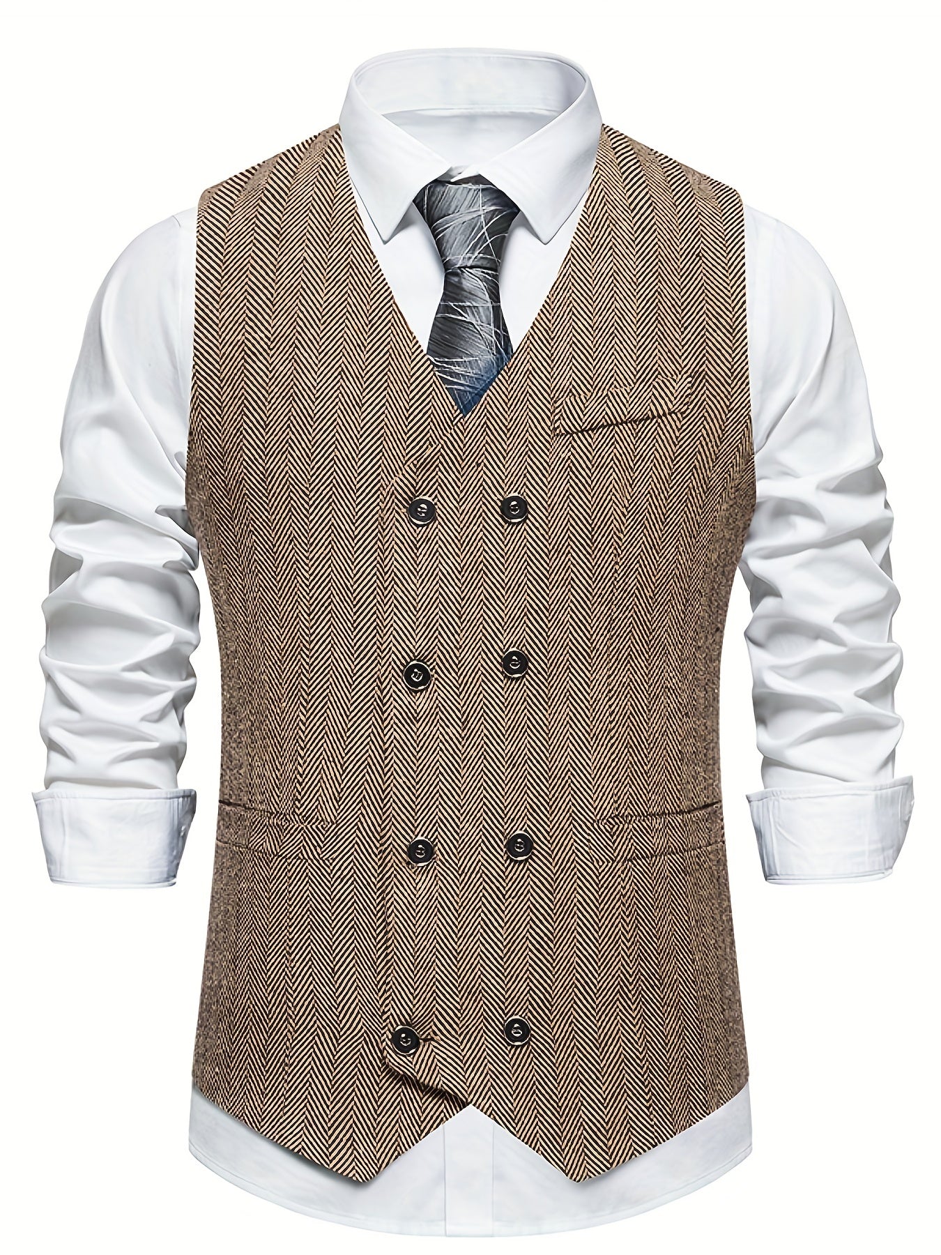 Classic Herringbone Double Breasted Men's Vest Wedding Retro Suit