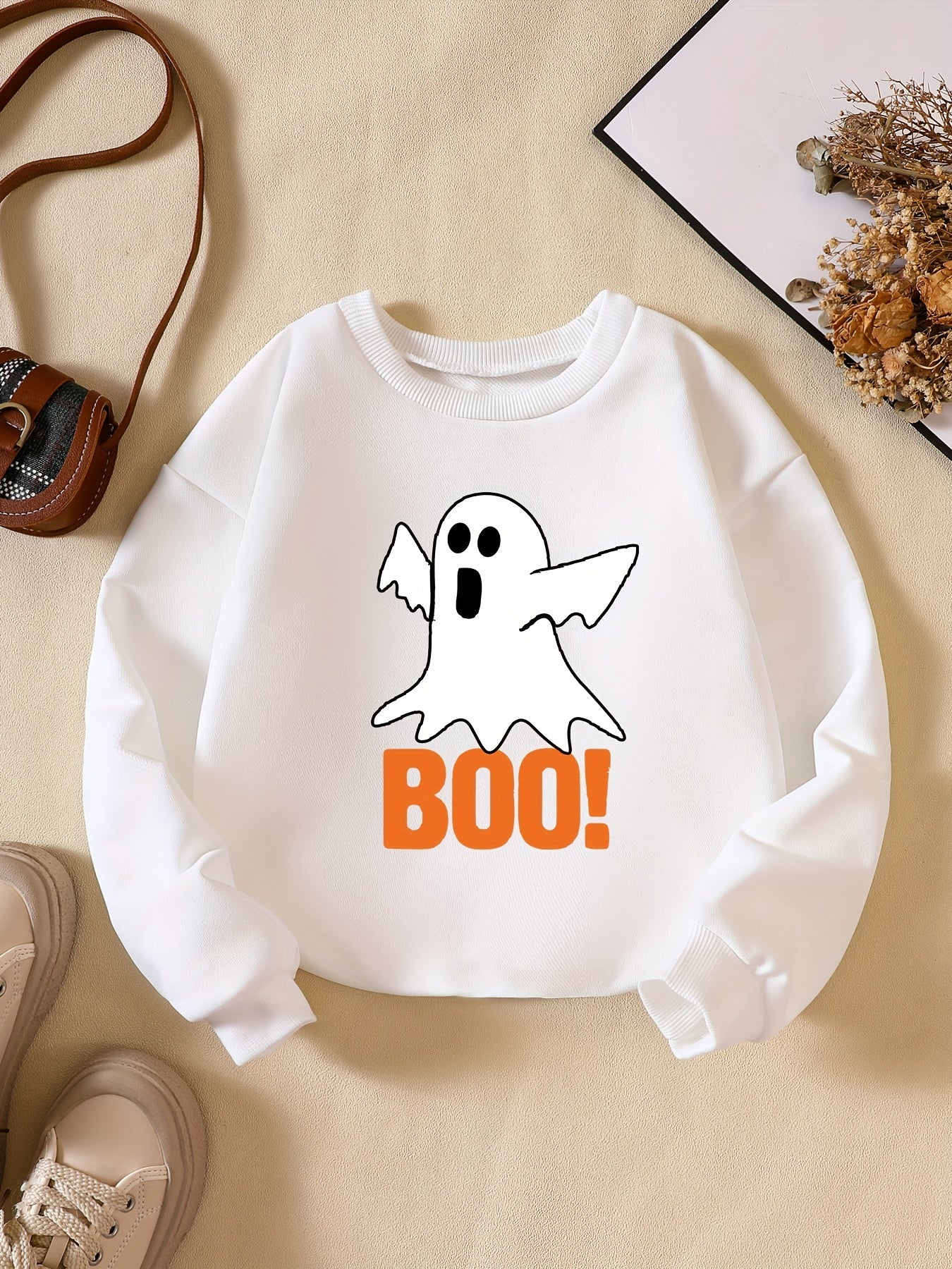Boo Print Boys Casual Pullover Sweatshirt Crew Neck Tops Kids Clothes