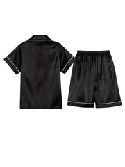 Boys 2pcs Pajamas Top & Shorts Set Solid Button Front Homewear PJ Kids