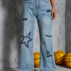 Star Letter Embroidery High Rise Straight Jeans