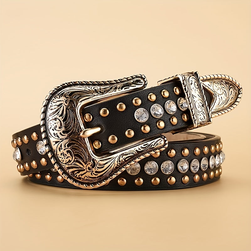 Vintage Rhinestone Belt with Carved Buckle and Rivets