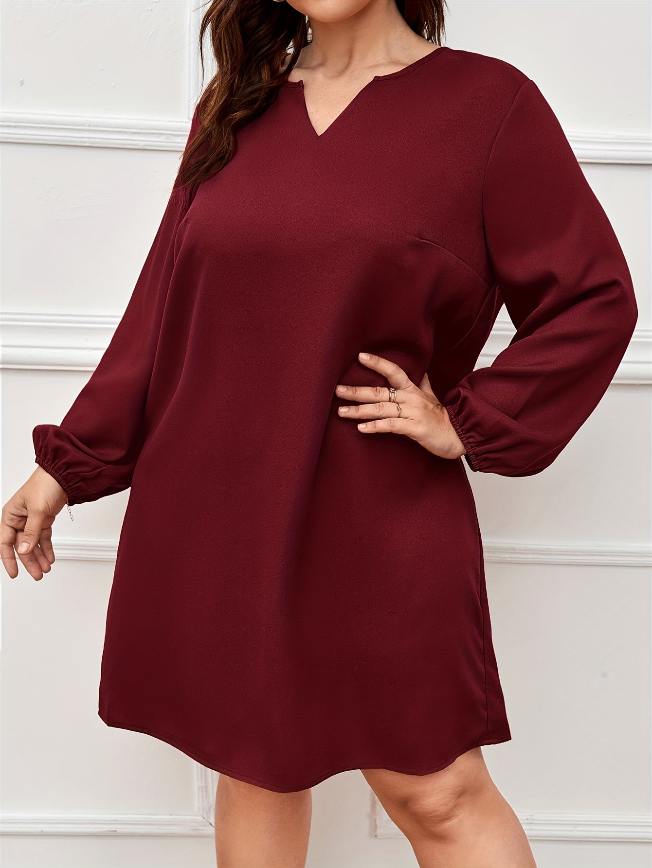 Solid Lantern Sleeve Notched Neck Dress