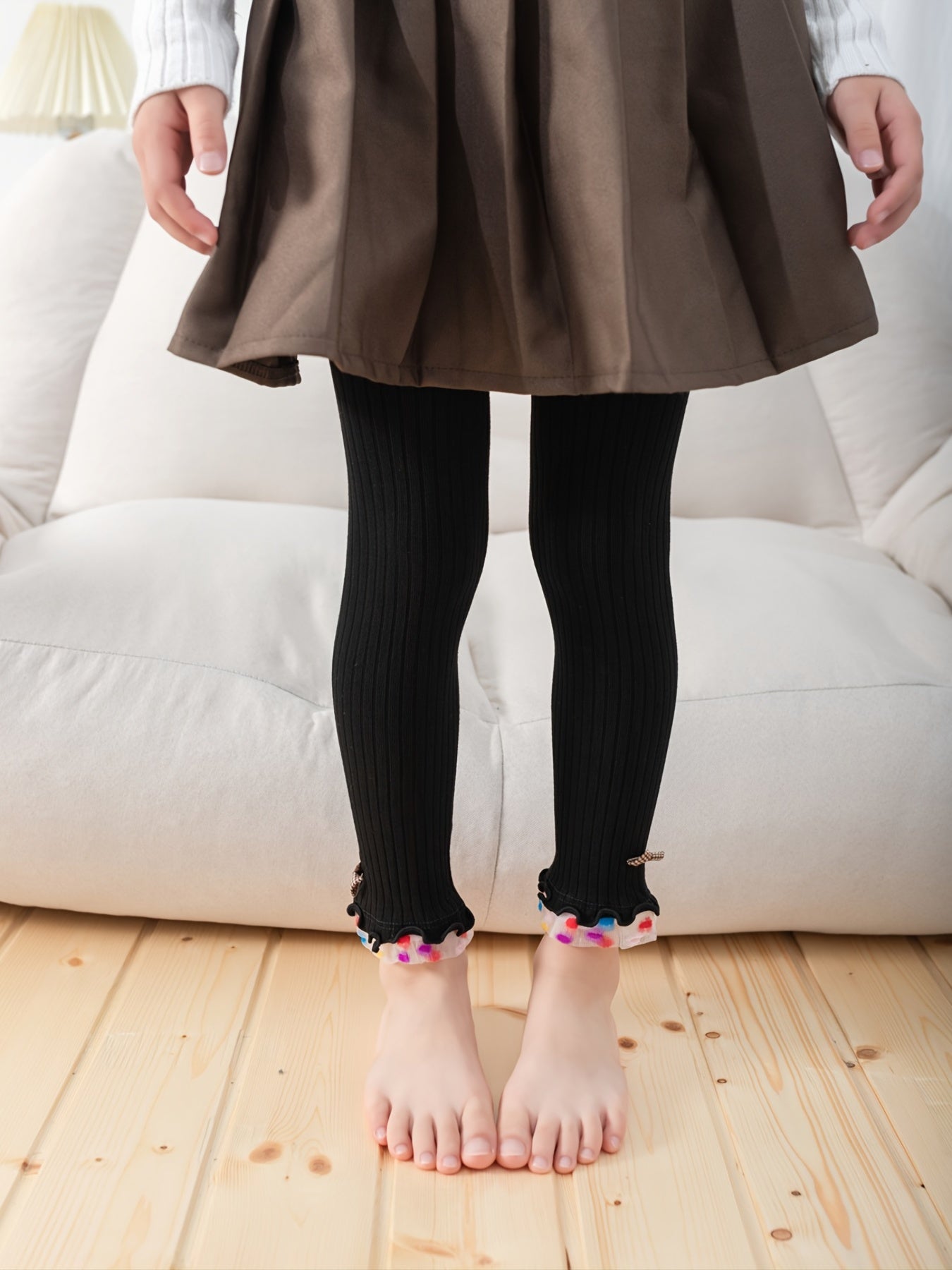 Girls Stretch Leggings Vertical Stripes Bow Tulle Splicing Footless Tights