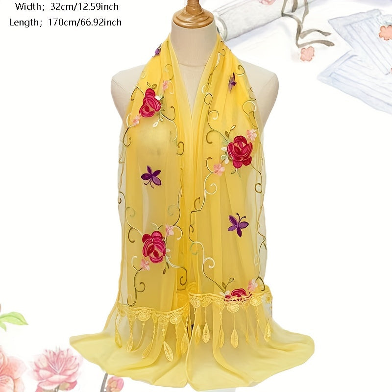 Flower Butterfly Embroidery Scarf Double Layer Lace Tassel Gauze Shawl