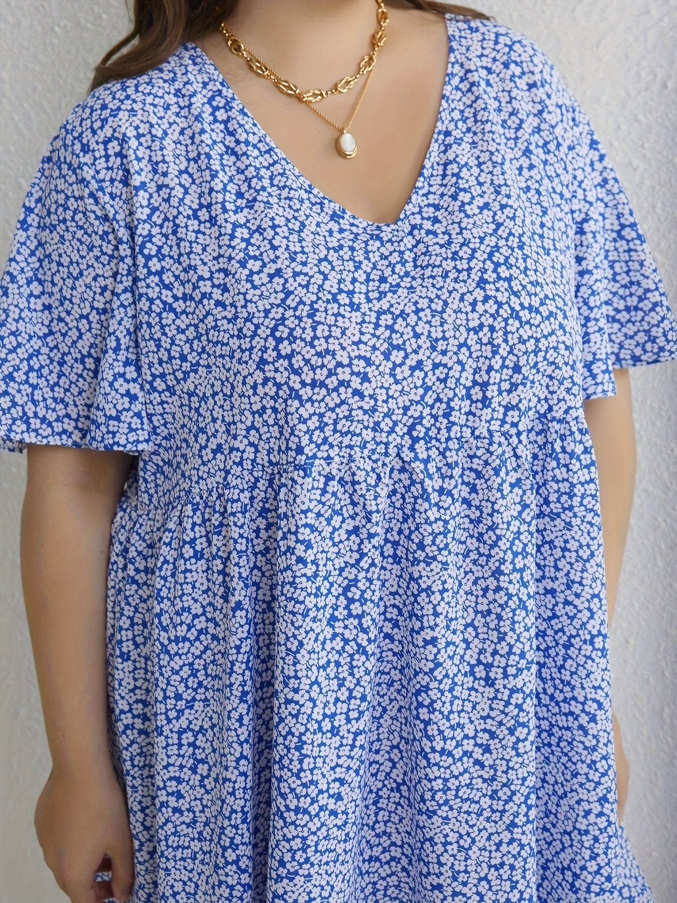Floral Print V Neck Dress Cap Sleeve Casual Stretch Women's