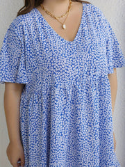 Floral Print V Neck Dress Cap Sleeve Casual Stretch Women's