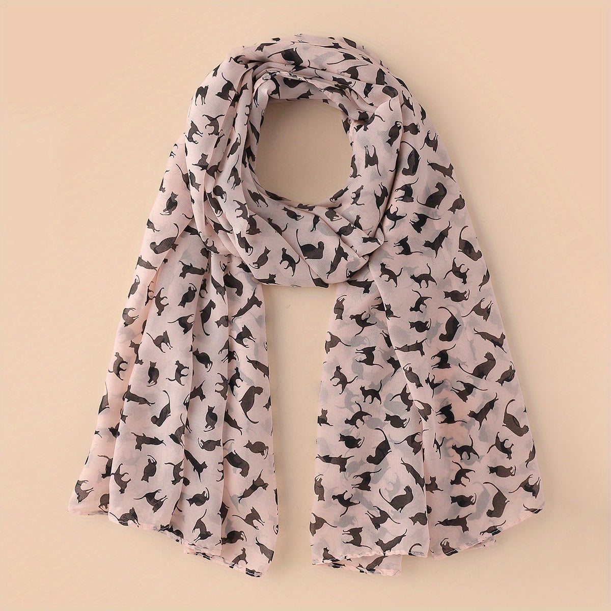 Vintage Cartoon Cat Print Chiffon Scarf Solid Shawl Headwrap