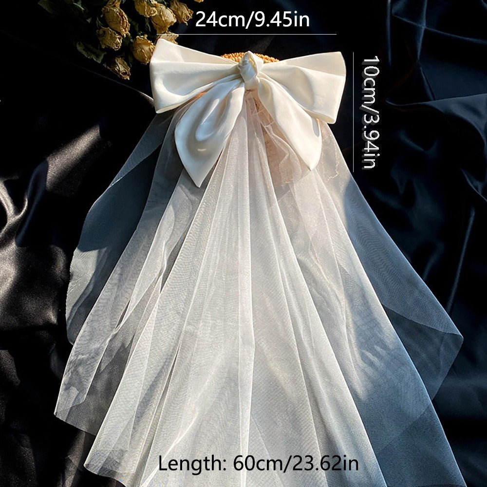 Bridal Veil with Pearl Bow Tulle Wedding Dress Accessory