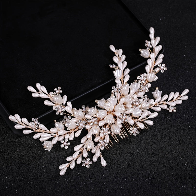 Golden Faux Pearls Hair Combs Rhinestone Headpiece Bridal Accessories