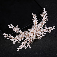 Golden Faux Pearls Hair Combs Rhinestone Headpiece Bridal Accessories