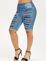 Rose & Denim Print Leggings Casual Sporty Skinny Stretchy Leggings