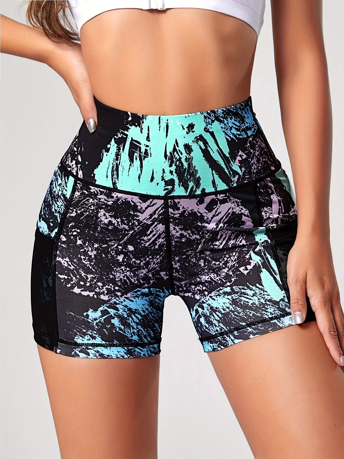 Graffiti Print Seamless Biker Shorts w/ Phone Pockets
