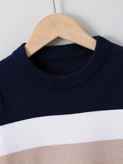 Boys Block Sweater Round Neck Long Sleeve Knit Pullover Top