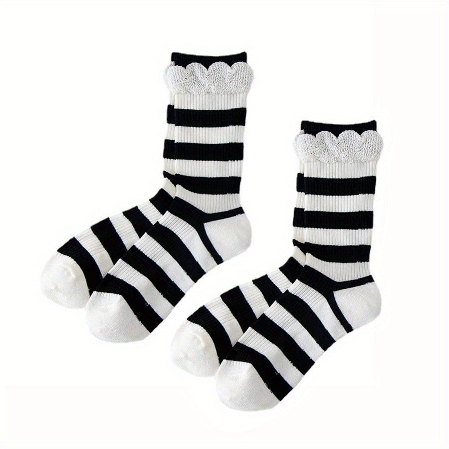 Striped Ruffle Socks 2 Pairs Comfy Mid Tube Socks Women's Stockings