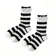 Striped Ruffle Socks 2 Pairs Comfy Mid Tube Socks Women's Stockings