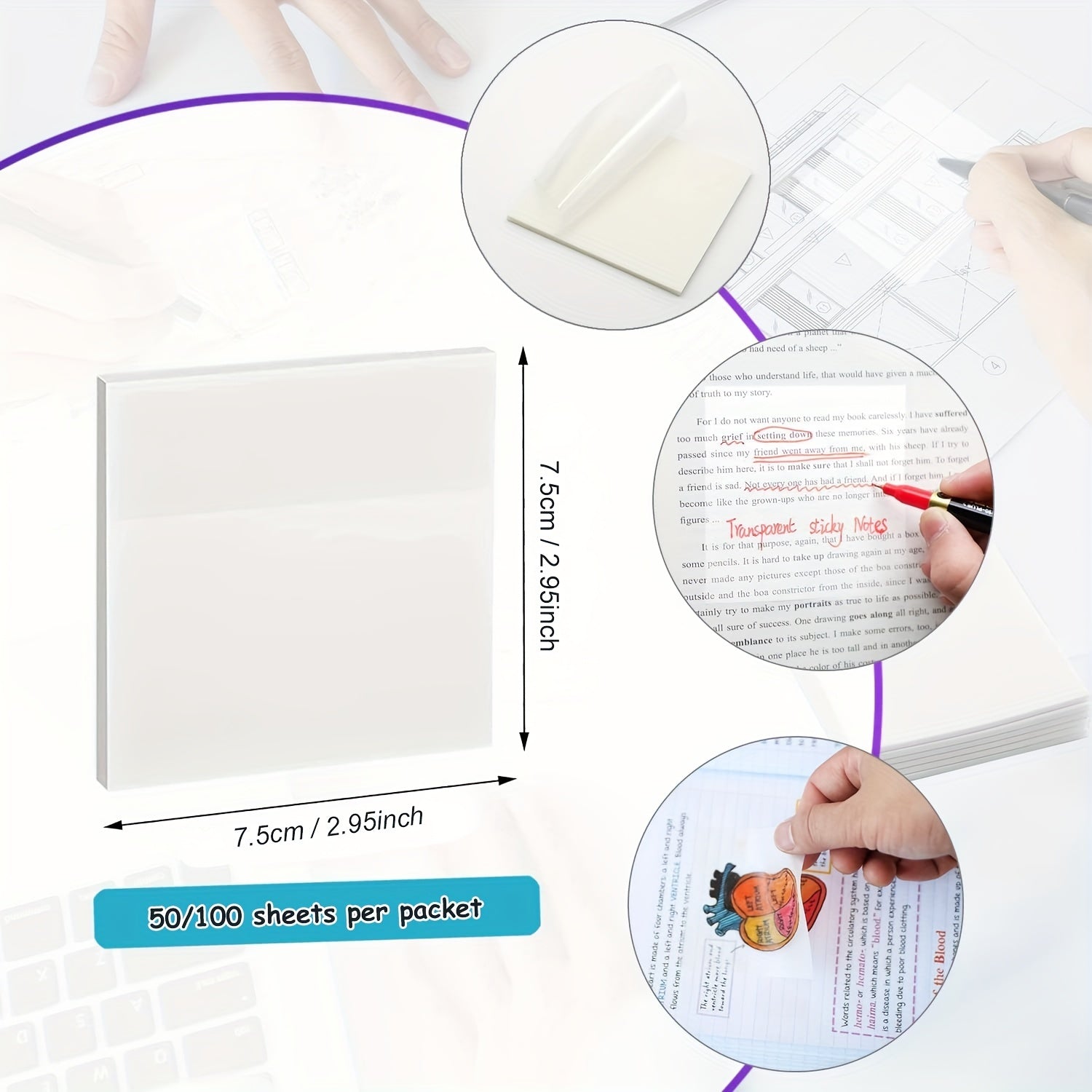 100pcs Transparent Sticky Notes Waterproof Self-adhesive Writable