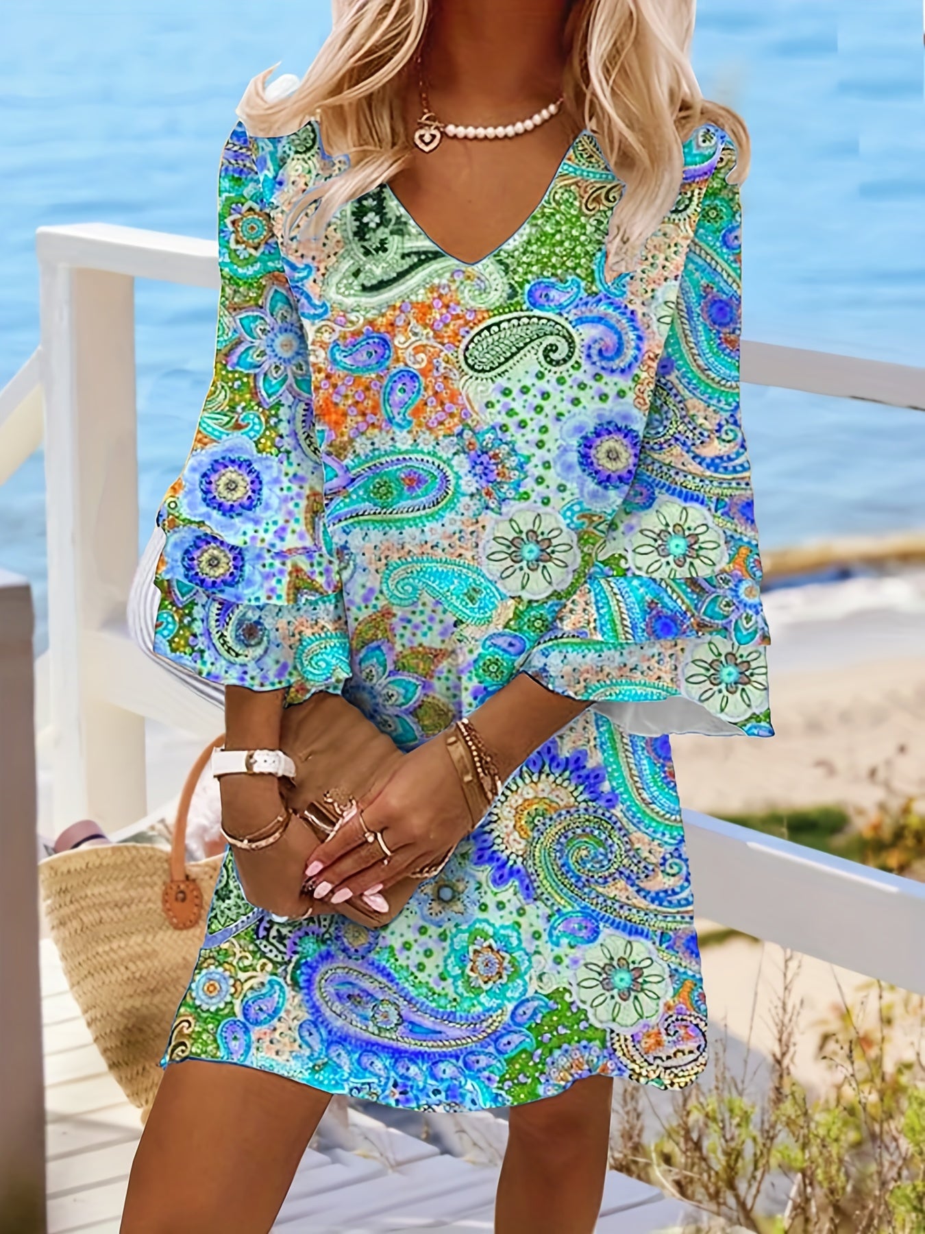 Paisley Print Layered Dress V Neck Flared Sleeve Dress