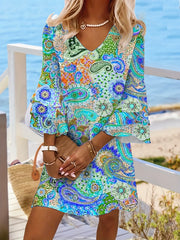 Paisley Print Layered Dress V Neck Flared Sleeve Dress