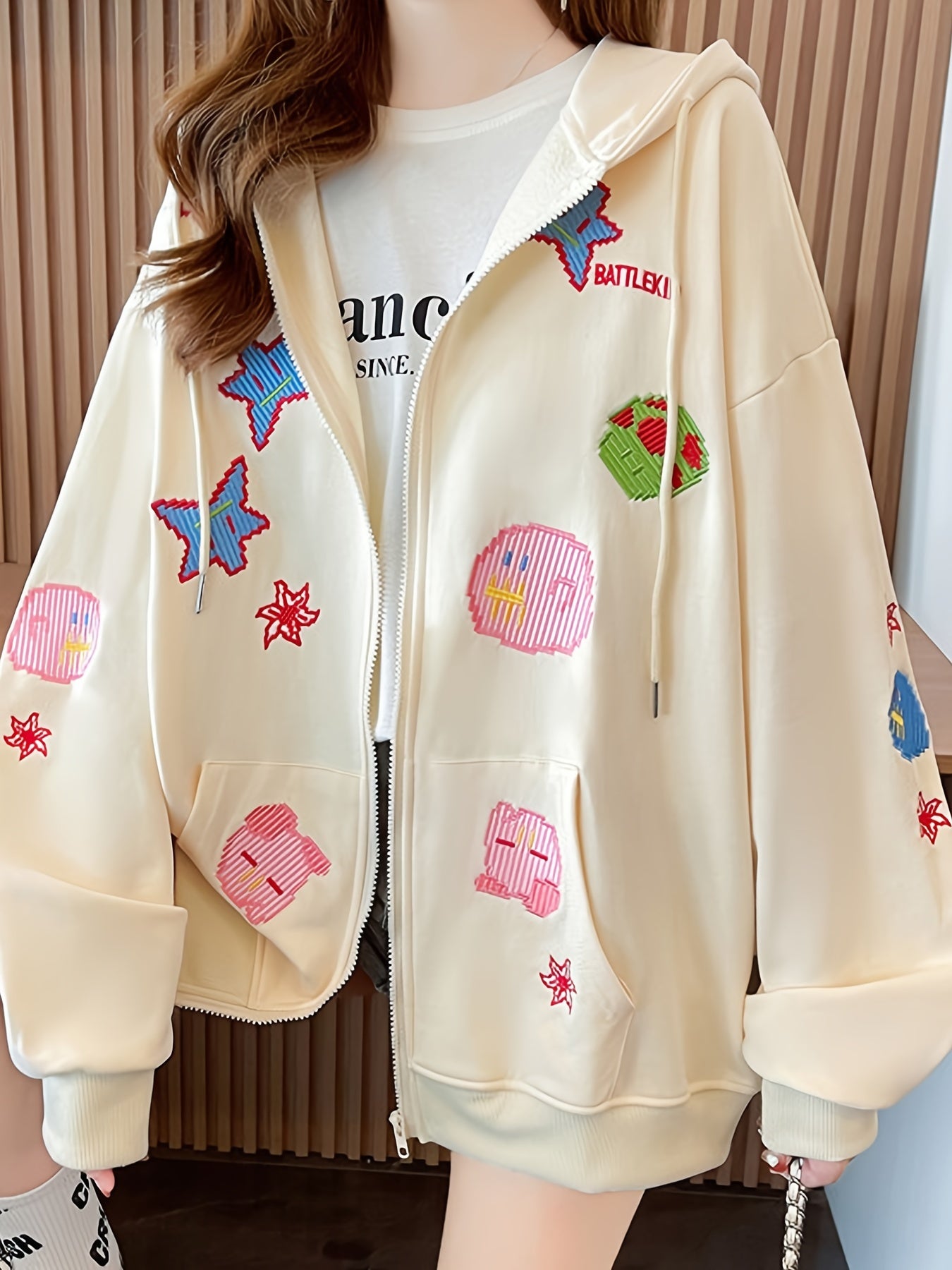 Cartoon Print Loose Thin Cardigan Zipper Sweatshirt