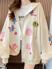 Cartoon Print Loose Thin Cardigan Zipper Sweatshirt