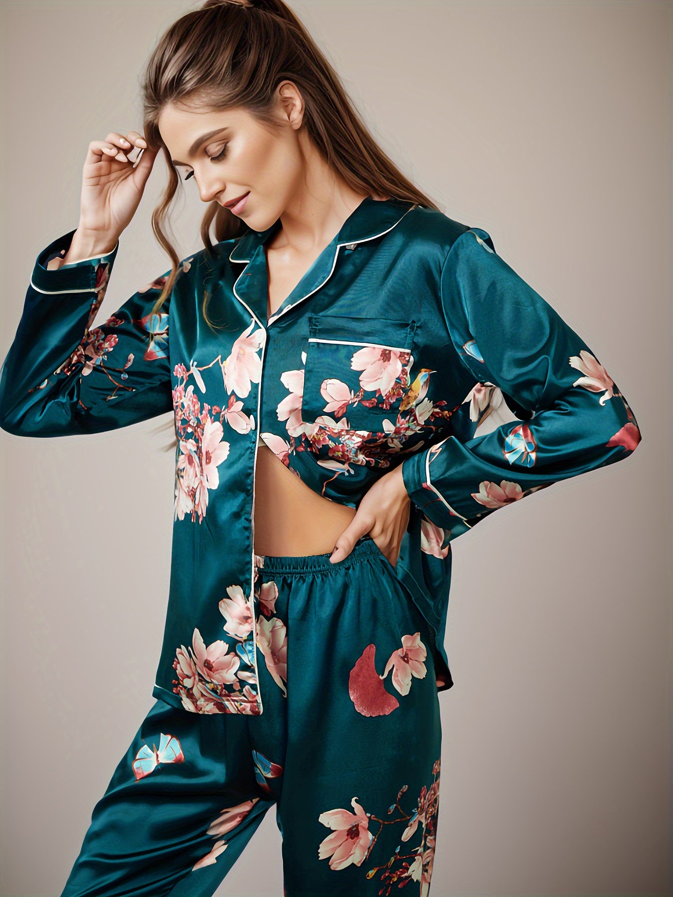 Floral Satin Pajama Set Long Sleeve Top & Pants