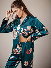Floral Satin Pajama Set Long Sleeve Top & Pants