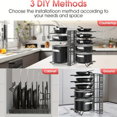 8-Tier Pot Rack for Kitchen Storage, Lid Holders, Pan Rack