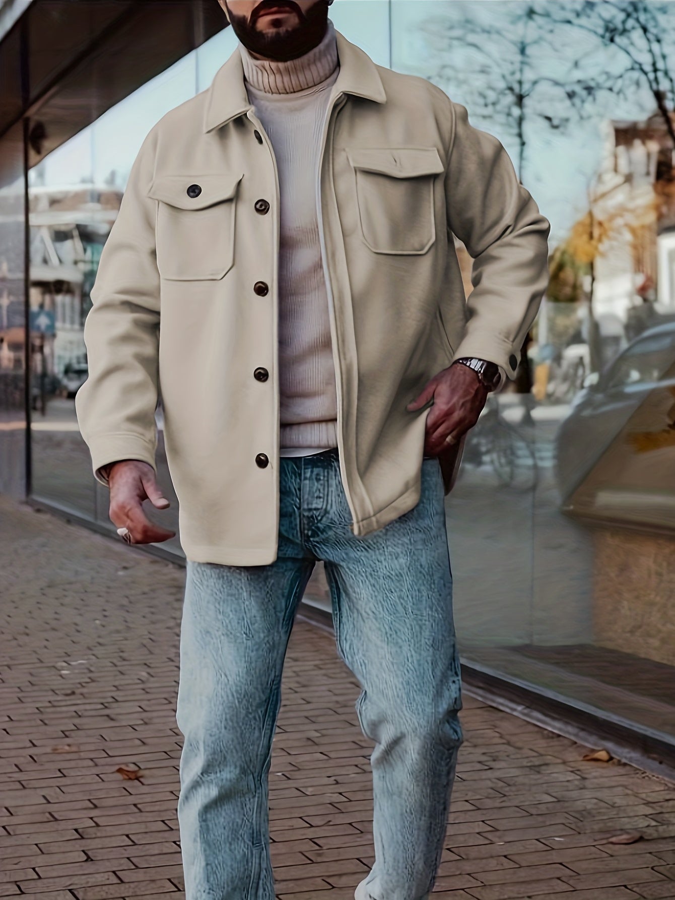 Stylish Retro Coat Jacket for Men Button Up Lapel Dual Pockets