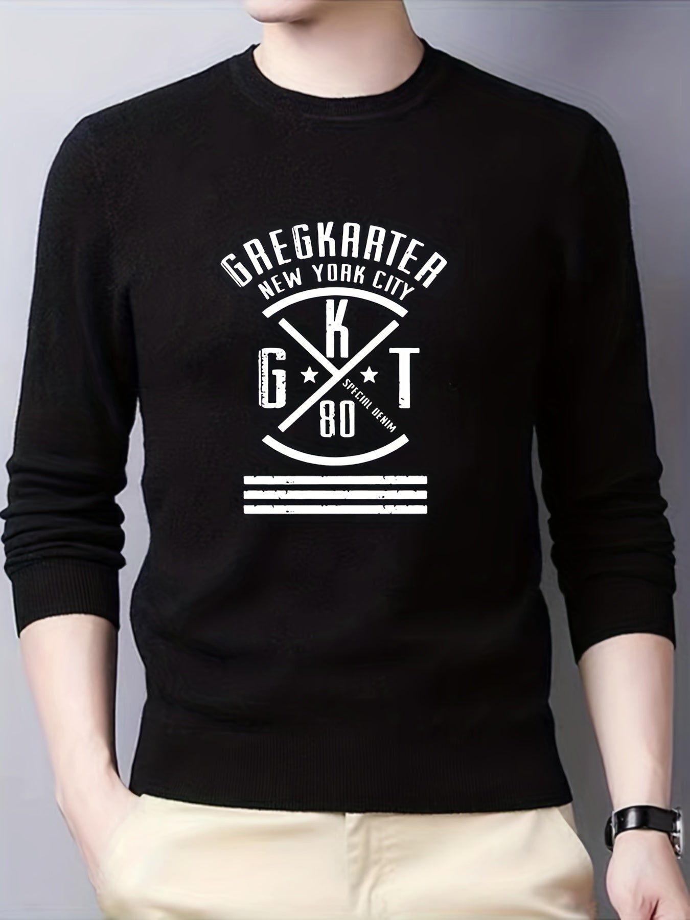 Men's Letter & Cross Knit Sweater Crew Neck Pullover