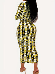 Stripe Print Half Zipper V Neck Bodycon Maxi Dress