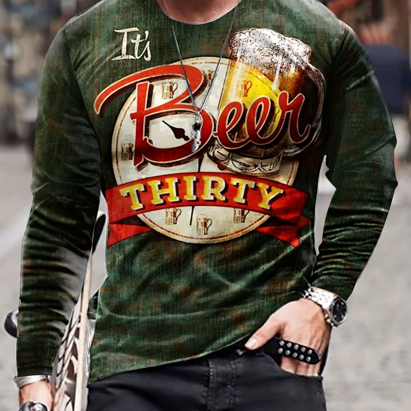 Beer Print Men's Long Sleeve Vintage T-shirt Stylish Tees