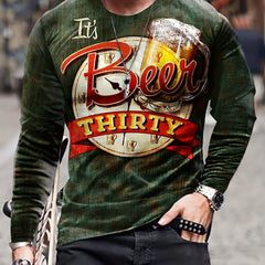 Beer Print Men's Long Sleeve Vintage T-shirt Stylish Tees