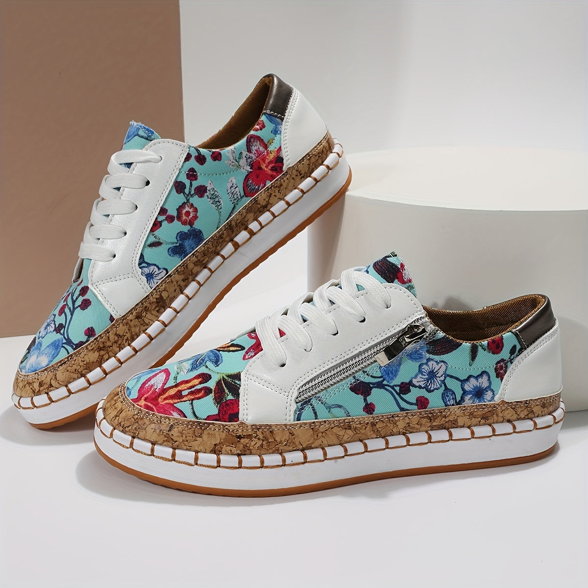 Women's Floral Print Flat Sneakers Lace Up Zipper Outdoor Shoes