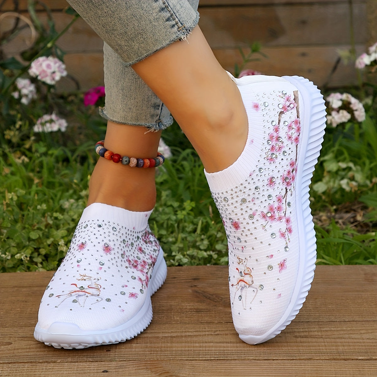 Floral Print Sock Shoes with Rhinestone Decor Low Top Slip On Women's Shoes