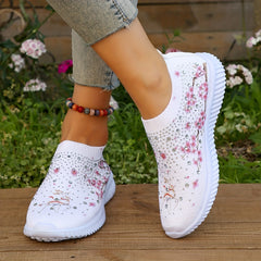 Floral Print Sock Shoes with Rhinestone Decor Low Top Slip On Women's Shoes