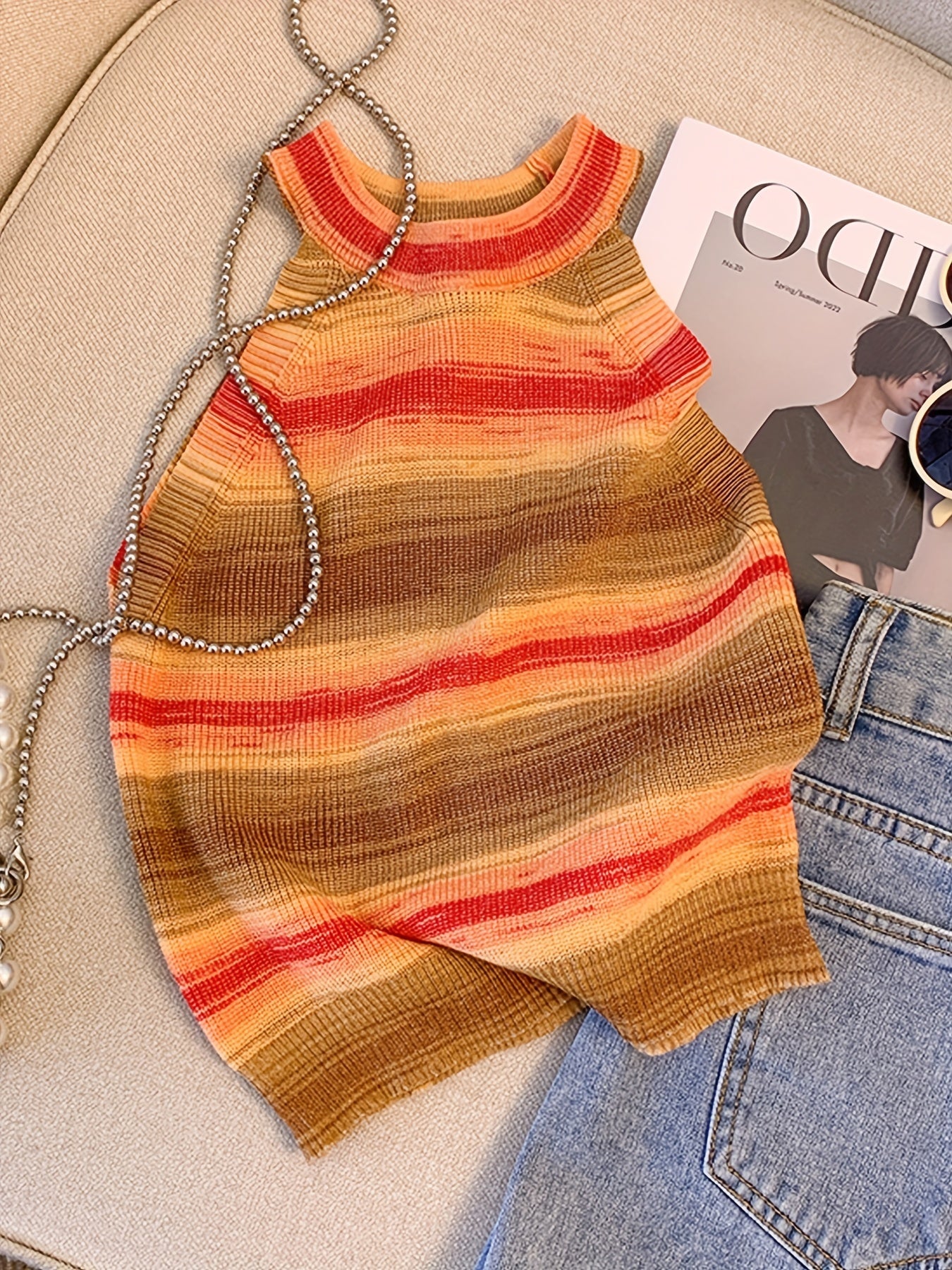 Striped Print Halter Top Sleeveless Summer Top Women's Clothing