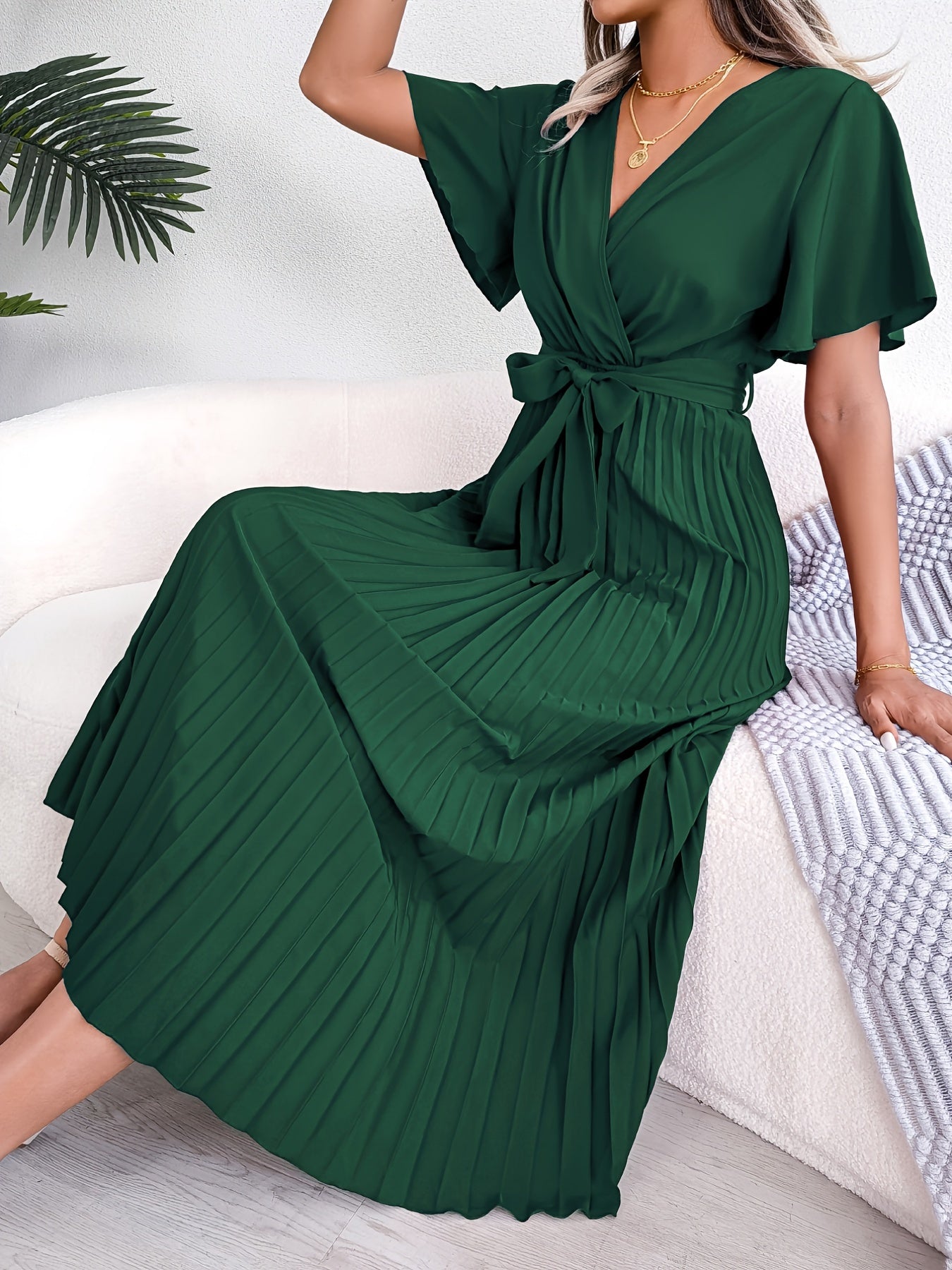 High Waist Pleated Maxi Dress Tie Up Ruffled Sleeve Loose Dress