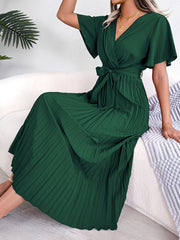 High Waist Pleated Maxi Dress Tie Up Ruffled Sleeve Loose Dress
