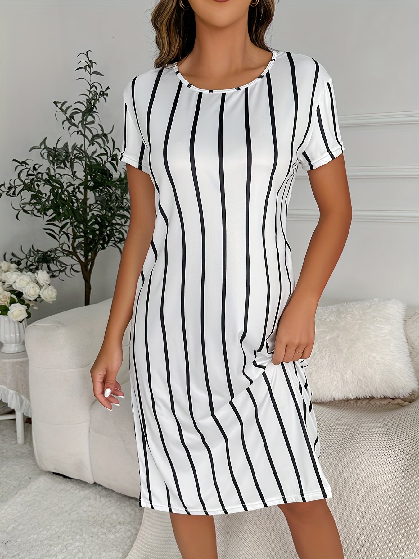 Striped Print Lounge Dresses Soft & Comfy Short Sleeve Home Dress Women's Lounge
