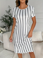 Striped Print Lounge Dresses Soft & Comfy Short Sleeve Home Dress Women's Lounge
