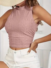 Eyelet Embroidery Ruched Tank Top Mock Neck Sexy Summer Women's Top