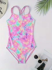 Girls' Tie Dye Hawaiian Swimsuit Iridescent Graphic Mid Stretch Suspenders