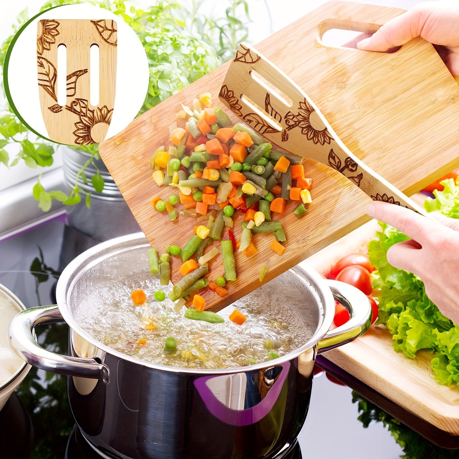 5pcs Sunflower Bamboo Utensils Set, Halloween Decorative Wooden Cooking Tools