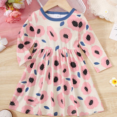 Girls Casual Flower Polka Dots Long Sleeves Dress